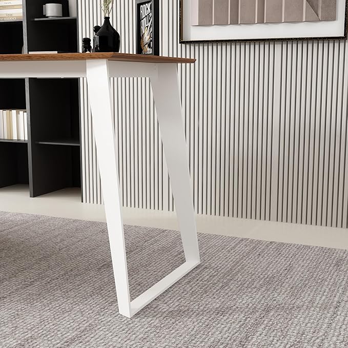 Homsee Home Office Computer Desk Corner Desk with 3 Drawers, 2 Shelves & 2 Doors, 55 Inch Large L-Shaped Study Writing Table with Storage Cabinet, White & Brown (54.3”L x 40.9”W x 29.1”H)