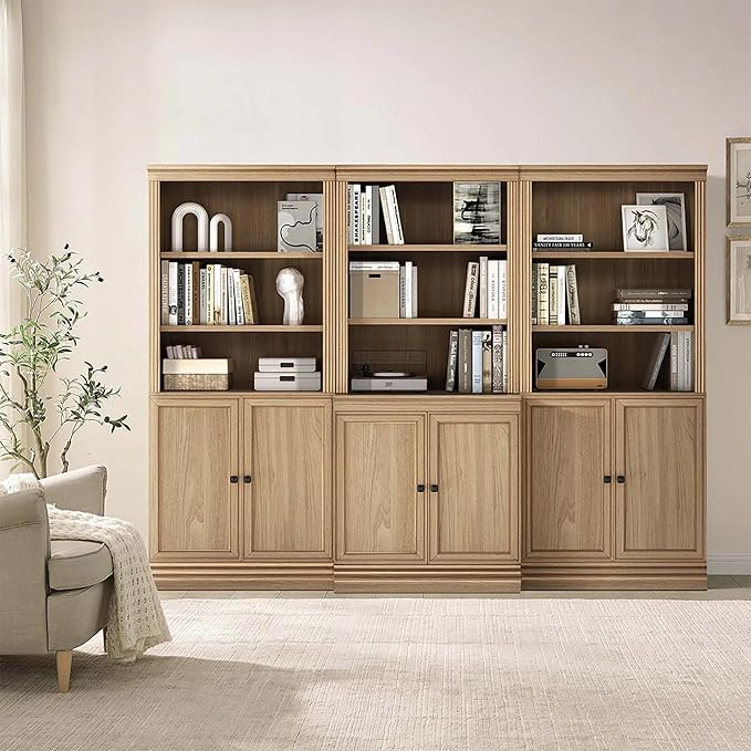 JAHRSTIM Halston Standard with Doors Bookshelves and Bookcase Floor Standing 5 Tier Adjustable Shelves Organizer and Storage, 72in Tall Bookshelf for Home Office, Living Room, Bed Room, Kitchen, Oak