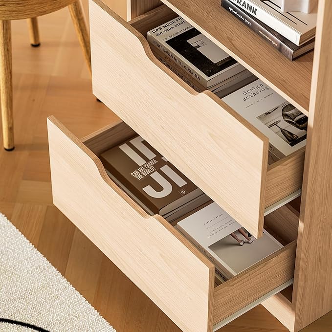 Bookcase with 2 Drawers, 63" 3-Tier Bookshelf with Storage, 3 Shelf Bookshelf with Adjustable Shelf, Modern Bookshelf, Open Shelves Bookcase for Study, Bedroom & Home Office, Oak