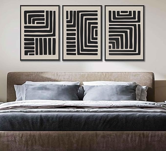 3 Pcs Boho Abstract Lines Canvas Wall Art Modern Neutral Minimalist Bohemian Black Geometric Line Picture Wall Decor Poster Print Artwork for Living Room Bedroom Office Home Decoration Unframed
