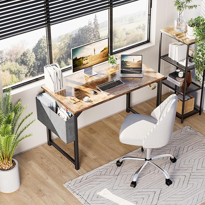 OLIXIS 47 Inch Computer Office Desk for Small Spaces, Writing Gaming Work Desk Modern Study Table with Storage Bag & Headphone Hook Home Bedroom, Rustic Brown