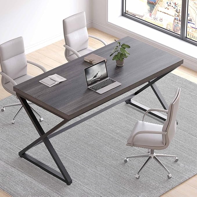 IBF Grey Home Office Desk, Modern Computer Desk for Writing Study, Wood Metal Rustic Pc Gaming Executive Work Desk, Industrial Workstation Computer Table in Bedroom, Dark Gray Oak, 55 Inch