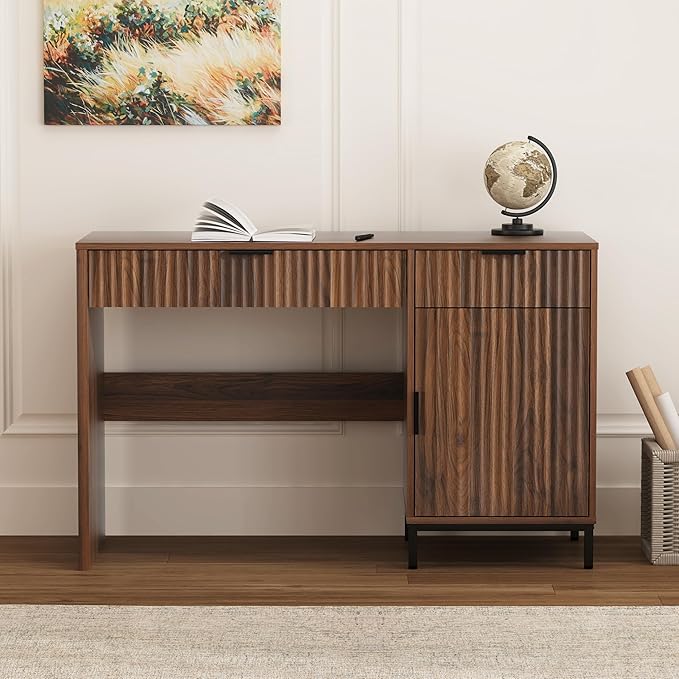 47" Office Desk with Fluted Drawers, Wooden Home Exectuive Desk with Storage Cabinet, Charging Station, Metal Legs Modern Farmhouse Computer Desk for Work, Study, Brown