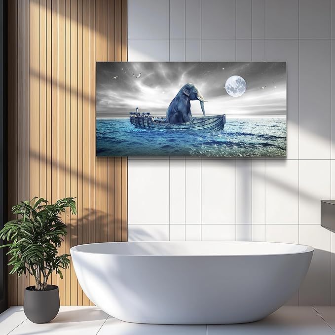 MHARTK66 Moon Beach Wall Art Prints- Modern Large Coastal Landscape Canvas Bedroom Blue Ocean Picture Relaxing Living Room Sea Scene Painting Elephant Boat Seascape Artwork Bathroom Office Home Decor