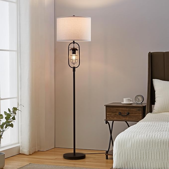 KAWOTl Farmhouse Floor Lamp with Night Light, 62.5’’ Industrial Bronze Standing Lamp for Living Room, Bedroom, Home Office, Rustic Lantern-Style (LED Bulbs Included)