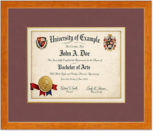 CountryArtHouse Diploma Frame Fits 13 x 10 College Diploma (Traditional) - Keepsake Graduation Display Honey Oak Genuine Hardwood with Dark Red Over Metallic Gold Double mat