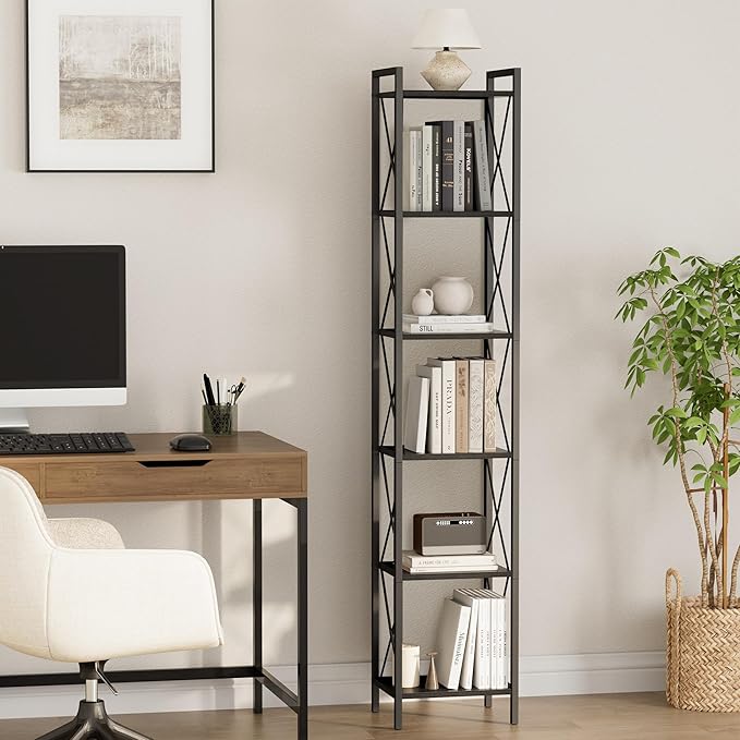 Homhedy 6 Tier Bookshelf, Tall Narrow Bookcase for Small Space, Metal Storage Book Shelf, for Home Office, Living Room, Kitchen, Bedroom, Industrial Style, 10.4" D x 13" W x 67.4" H, Black