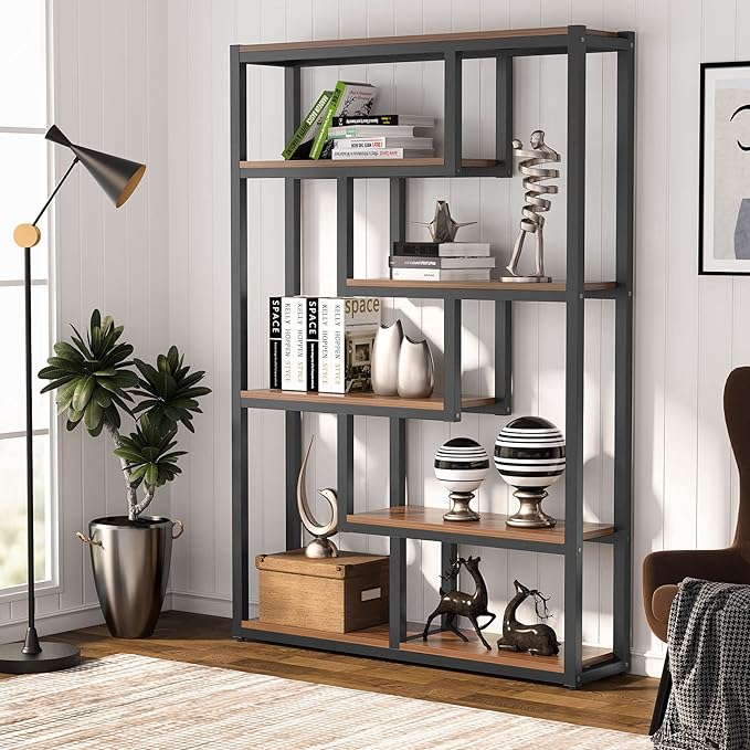 Tribesigns Way to Origin 6-Shelf Industrial Bookshelf, Vintage Etagere Bookcase, 69 Inch Tall Storage Display Staggered Shelves with Sturdy Metal Frame for Home Office, Dark Walnut & Black