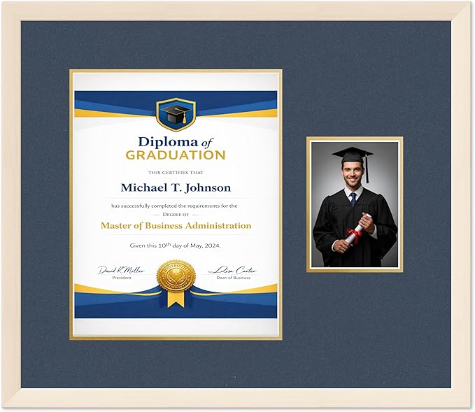 Diploma Frame With Photo Opening Coastal Whitewash Navy Blue Over Gold Mat - Fits 11 x 14 Degree and Picture Made in the USA