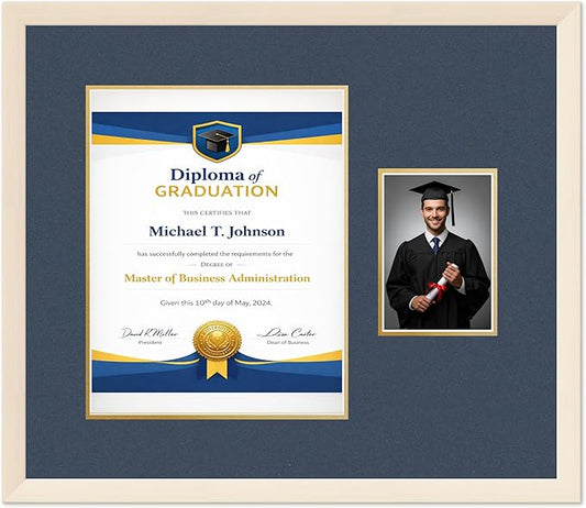 Diploma Frame With Photo Opening Coastal Whitewash Navy Blue Over Gold Mat - Fits 11 x 14 Degree and Picture Made in the USA