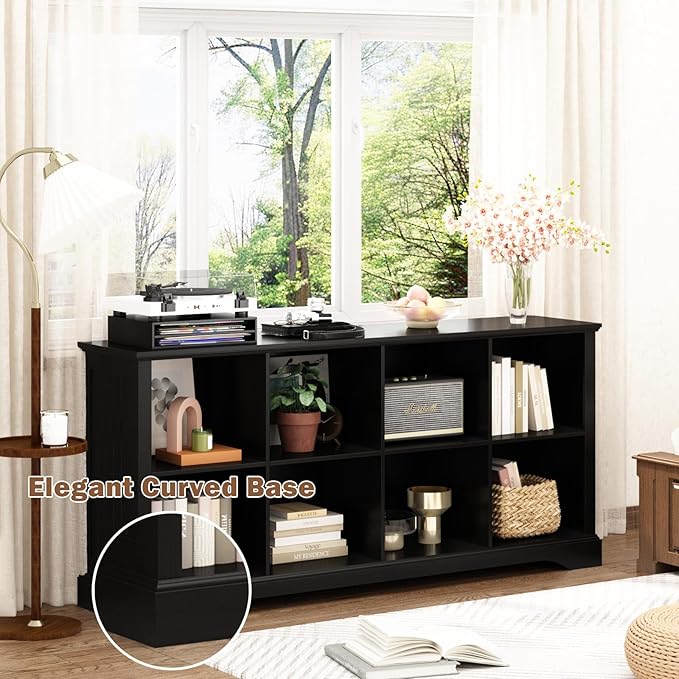 8 Cube Storage Organizer - 62" Long Farmhouse Wood Low Bookshelf, Horizontal Open Shelf Bookcase Cubby Storage Console Cabinet for Living Room, Entryway, Office, Black