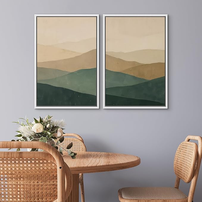 SIGNWIN Framed Canvas Print Wall Art Set Green and Beige Abstract Mountain Landscape Illustrations Modern Art Minimal Boho Relax/Calm for Living Room, Bedroom, Office - 16"x24"x2 White
