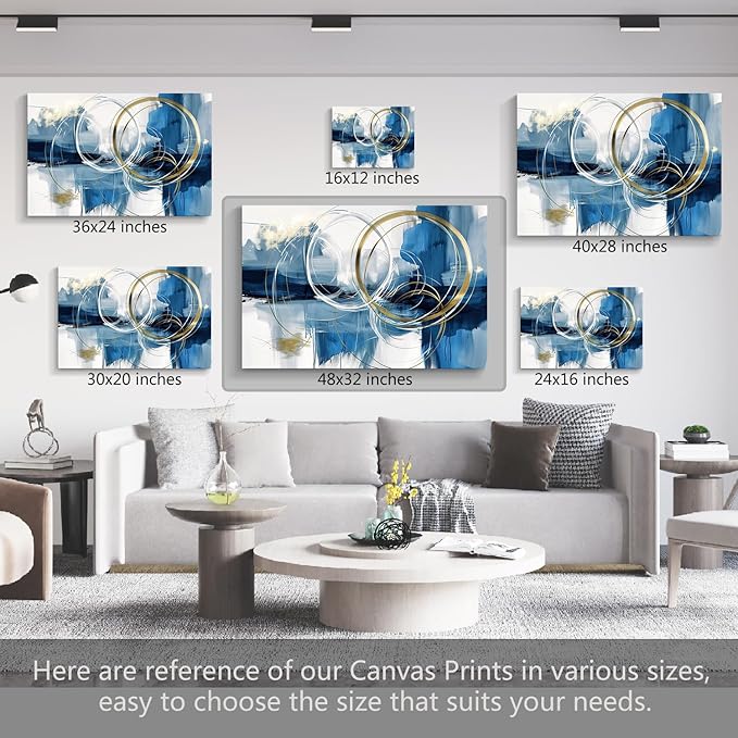 gaosoul Minimalist Abstract Canvas Wall Art Blue and Gold Doodles on White Background Painting Prints Stylish Framed Artwork for Living Room Bedroom Office Decor 48x32in