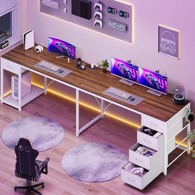 57" L Shaped Desk with 5 Drawers, Reversible Computer Corner Desk with Storage & Power Strip for Home Office, 78.7" Long 2 Person Desk, Brown+White