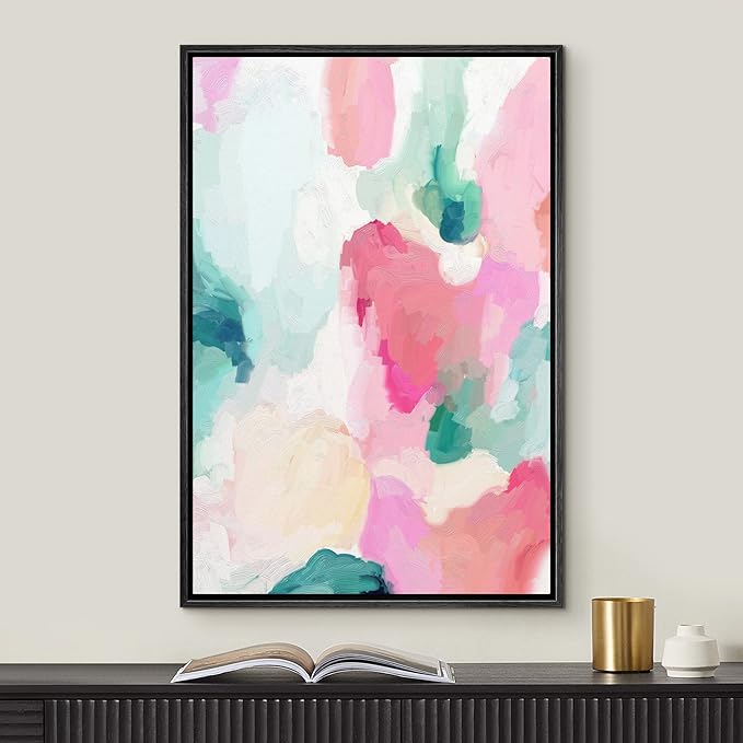 MUDECOR Framed Canvas Print Wall Art Pastel Pink, Green & Yellow Paint Strokes Abstract Shapes Watercolor Modern Art Contemporary Multicolor Ultra for Living Room, Bedroom, Office - 16"x24" Black
