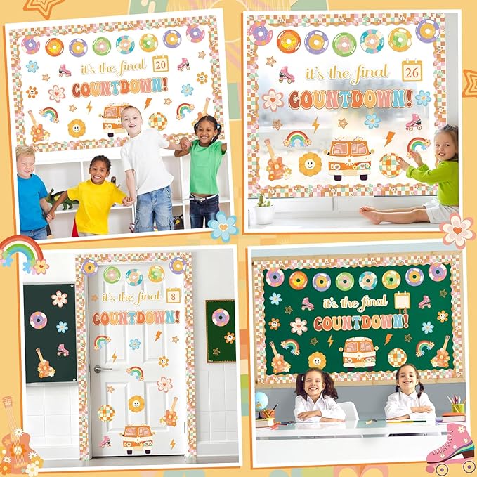 gisgfim Countdown to Summer Classroom Bulletin Board Decorations Set Spring Hippie End of The Year Cutouts May Groovy It's The Final Retro Bulletin Board for Classroom Home Wall Decor Supplies