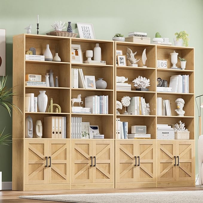 Modern Bookshelf and Bookcase with 4 Doors Set of 2, 71" Tall Double Book Shelf with Storage Cabinets, Floor Standing Open Display Shelves, 6 Tier Large Book Case for Home Office, Natural