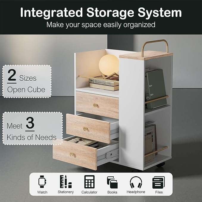 3 Drawer Mobile File Cabinet, Wood Rolling Filing Cabinet with Lockable Wheels, Utility Cart with Open Storage Shelves Home Office Fits A4/Legal, 19.7" x 11.8" x 26.3", Light Walnut