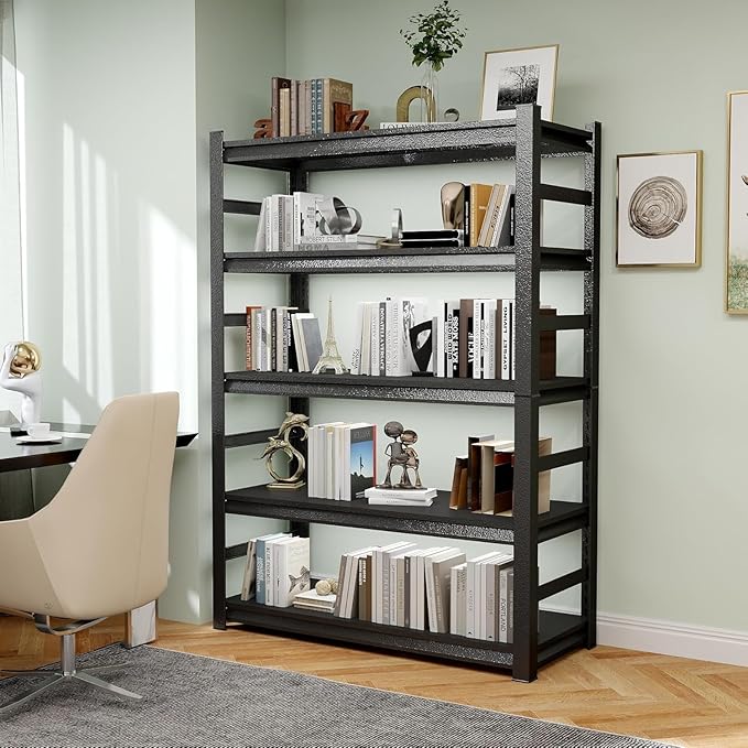47" W*72" H Book Shelf，5 Tier Metal Wide Bookshelf，Heavy Duty Book Shelfs，Adjustable Shelving Unit，Tall Bookcase，Industrial Bookshelf for Living Room，Bedroom，Office and Library