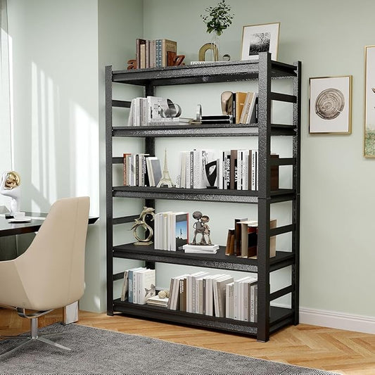 47" W*72" H Book Shelf，5 Tier Metal Wide Bookshelf，Heavy Duty Book Shelfs，Adjustable Shelving Unit，Tall Bookcase，Industrial Bookshelf for Living Room，Bedroom，Office and Library