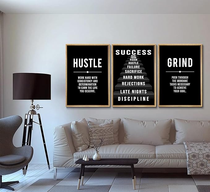 3Pcs Black and White Inspirational Phrases Wall Art Stairway to Success Canvas Posters Prints Never Give Up Pictures Paintings Office Wall Decor for Home Gym Workplace Unframed