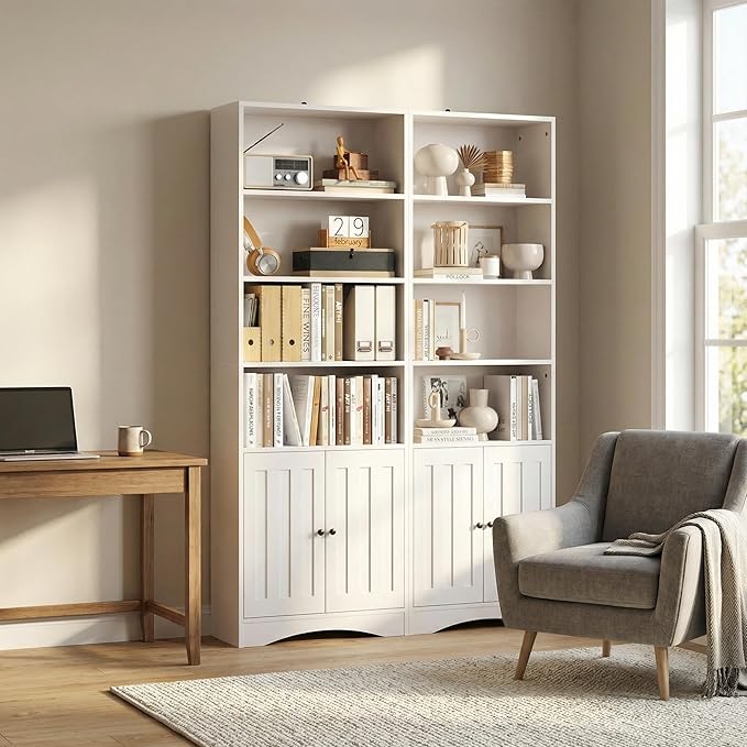 Gizoon Bookshelves and Bookcases with Doors, 6-Shelf Bookcase, Floor Standing Display Storage Shelves, 71” Tall Bookcase, with Adjustable Shelves, for Home, Office, Living Room, Bedroom, White