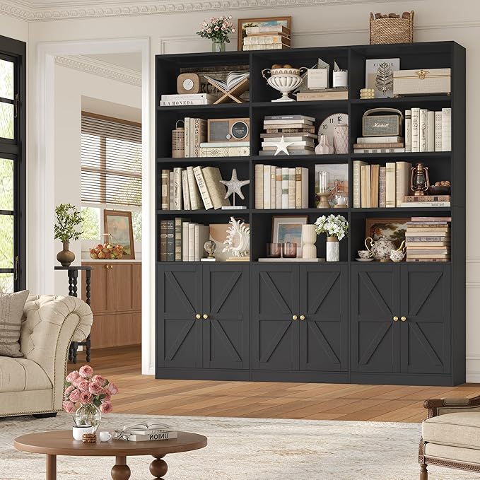 FACBOTALL 75" Triple Wide Bookshelf, Bookshelf and Bookcase with 6 Farmhouse Doors, 71" Wide 6 Tier Book Shelf with 18 Storage Shelves, Large Wooden Bookshelves, Tall Bookcase for Home Office, Black