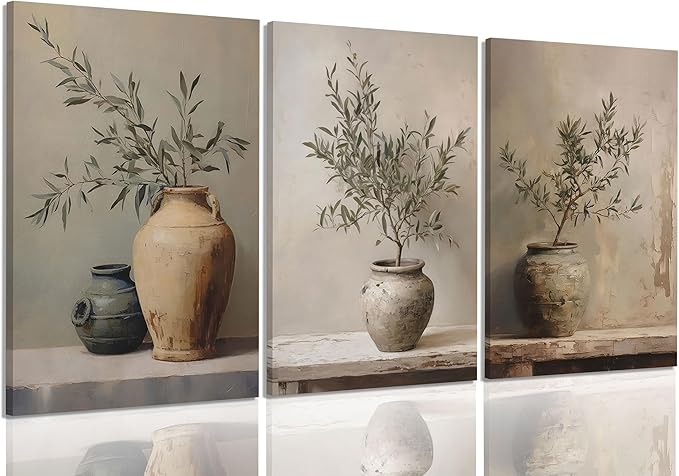 3Pcs Framed Vintage Vase Canvas Wall Art Green Rustic Olive Branch Wall Decor Pictures Antique Still Life Plant Posters Paintings Prints for Bedroom Living Room Kitchen Artwork Home Decoration