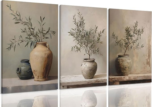 3Pcs Framed Vintage Vase Canvas Wall Art Green Rustic Olive Branch Wall Decor Pictures Antique Still Life Plant Posters Paintings Prints for Bedroom Living Room Kitchen Artwork Home Decoration