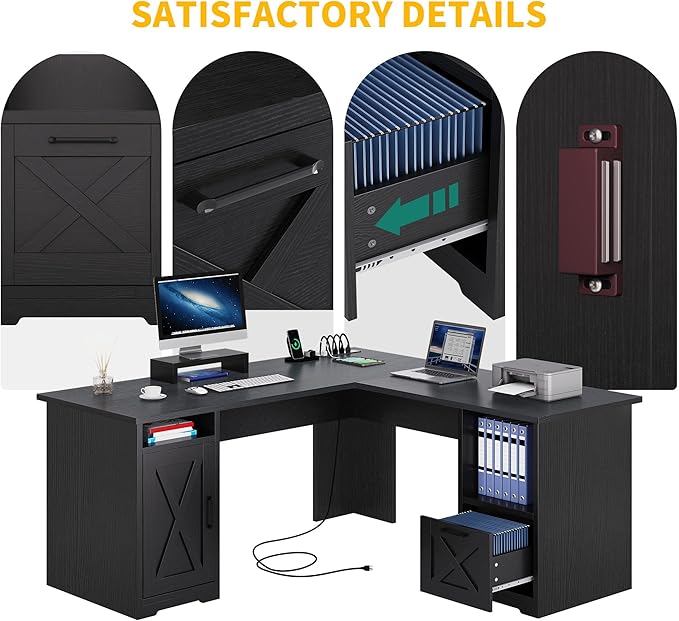 DWVO L Shaped Desk with File Drawer, 60" Corner Computer Desk with Power Outlets, Home Office Desk with Monitor Stand & Storage Shelves & File Cabinet, Black