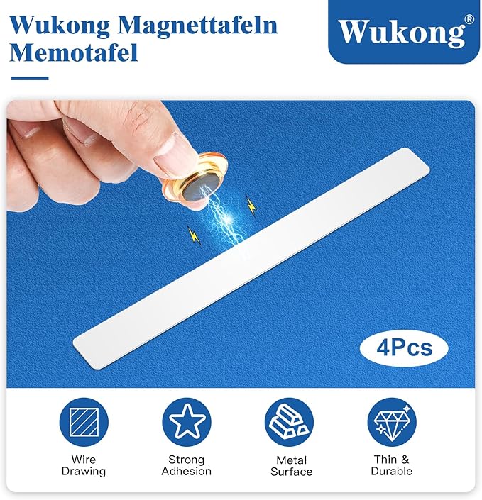 Wukong 4 Pack | 30x3cm(11.81 x 1.18) Magnetic Stainless White Boards Strips, Adhesive Backing Bulletin Bar Board, Memo Board with 16Pcs Colorful Magnets for Office, Home, Photo Wall, Documents
