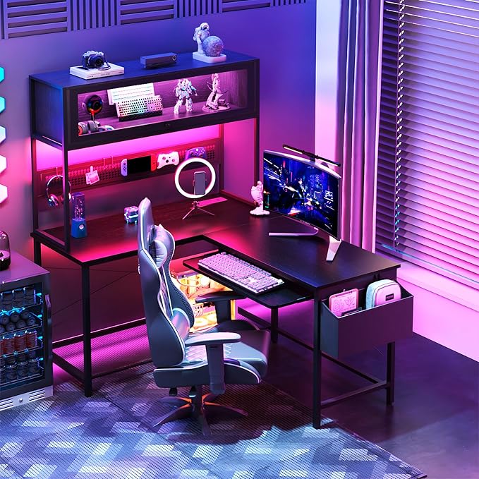 L Shaped Gaming Desk with Power Outlets & LED Lights, 39'' Small Reversible Computer Desk with Hutch & Pegboard & Display Cabinet, Corner Home Office Desk with Keyboard Tray & Storage Bag, Black