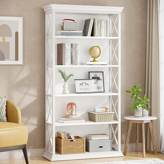 Tribesigns 6-Tier Bookcase, 71 Inches Industrial Bookshelves and Bookcases, Floor Standing 5 Shelf Display Storage Shelves Tall Bookcase for Home Office, Living Room, Bed Room, White