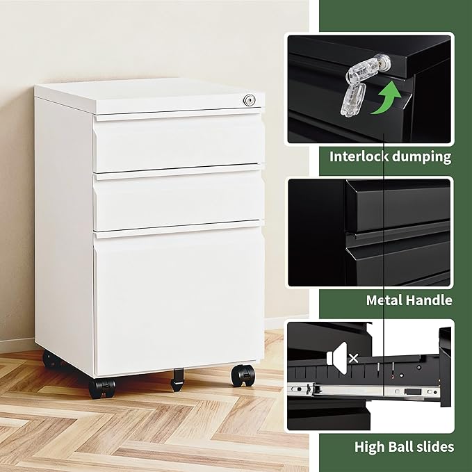3 Drawer File Cabinet with Lock,Rolling Mobile File Cabinet with Wheels for Home Office,Under Desk Metal Filing Cabinet,Office Storage Organizer,Fully Assembled,White