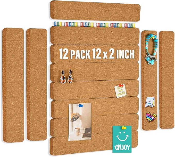 12 Pack Self Adhesive Cork Board Strips for Office, Home, Classroom with 100 Push Pins