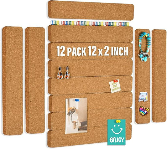 12 Pack Self Adhesive Cork Board Strips for Office, Home, Classroom with 100 Push Pins