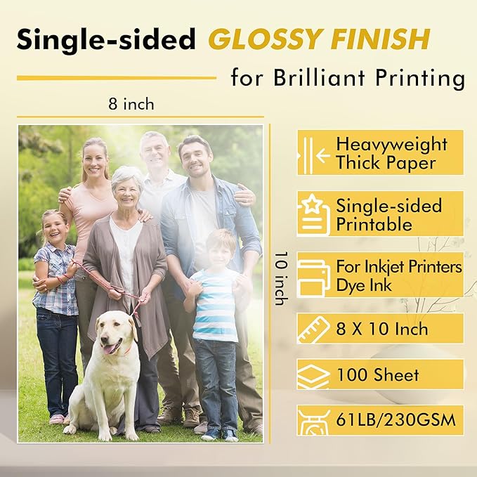 Koala Heavyweight Photo Paper High Glossy 8x10 Inches for Inkjet Printing 100 Sheets 61LB