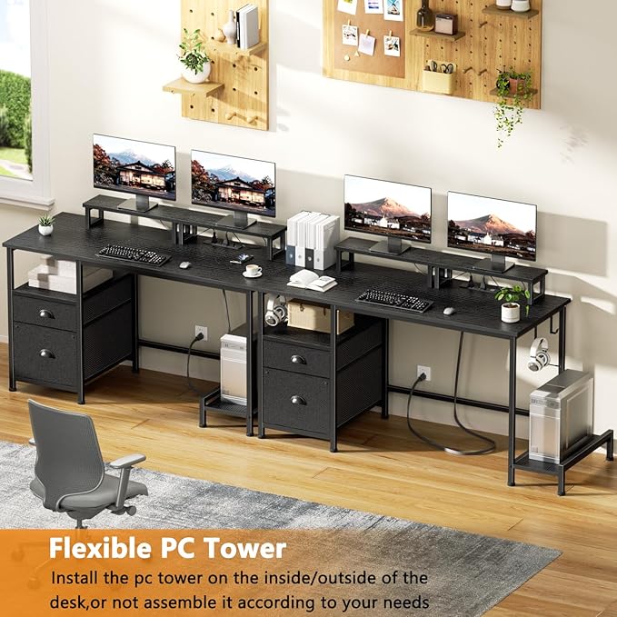 Furologee 47" Computer Desk with File Cabinet and Power Outlets, Home Office Desk with 2 Monitor Stands and Storage Drawer, Gaming Table with Shelves and 2 Hooks for Bedroom, Black