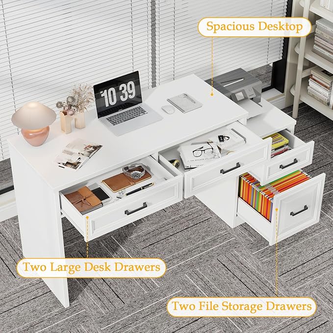 Vabches 61" Farmhouse Computer Desk with Storage and File Drawer, Executive Desks with Printer Stand, Rustic Large Home Writing Desk for Home Office.White