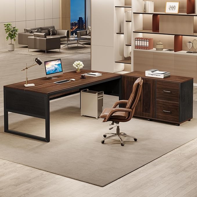 Tribesigns 63-Inch Executive Desk, Large Office Desk with Mobile File Cabinet, Modern L-Shaped Computer Desk Business Furniture with Door Storage Cabinet for Home Office, Dark Walnut & Black