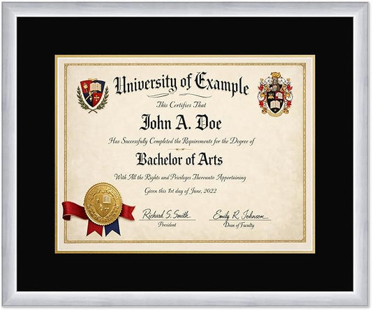 CountryArtHouse Diploma Frame Fits 17 x 13 International Diploma - Keepsake Graduation Display Stainless Silver Genuine Hardwood with Black Over Metallic Gold Double mat