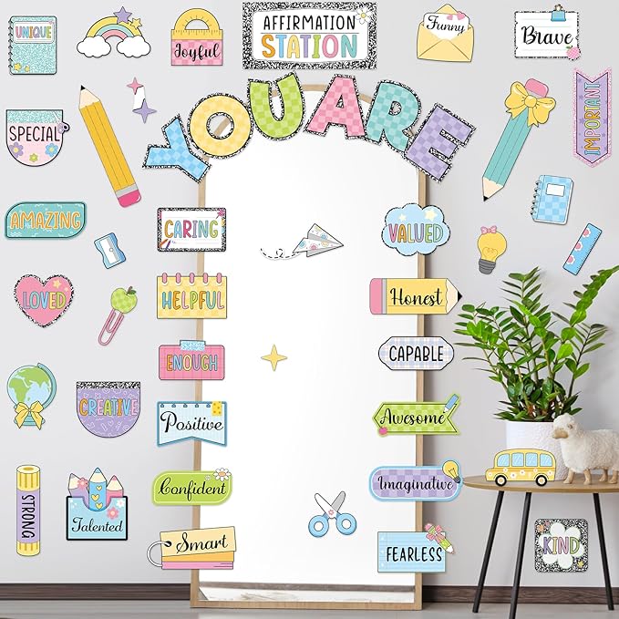45pcs Colorful Composition Affirmation Station Bulletin Board Set Motivational Posters Classroom Mirror Growth Mindset Decor Positive Affirmations Accents Cutouts for School Office Home Wall