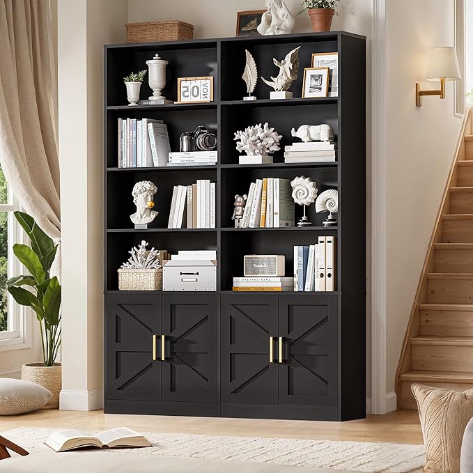 Black Bookshelves and Bookcases with 4 Doors, 6 Tier Double Book Shelf with Storage Cabinets, Gold Handle, Standing Display Open Display Shelves, 71" Tall Book Case for Living Room Library