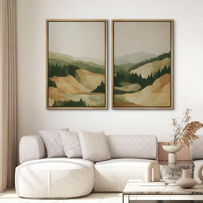 SIGNWIN Framed Canvas Print Wall Art Set Green and Beige Forest Hills Nature Mountain Landscape Illustrations Modern Art Decorative Multicolor for Living Room, Bedroom, Office - 24"x36"x2 Natural