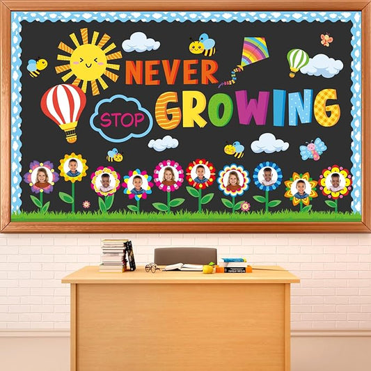 Spring Bulletin Board Set Flower Growth Mindset Classroom Decorations Butterfly Bees Paper Cutouts Sky Grassland Bulletin Board Border for Chalkboard Kindergarten Decor Back to School Party Supplies