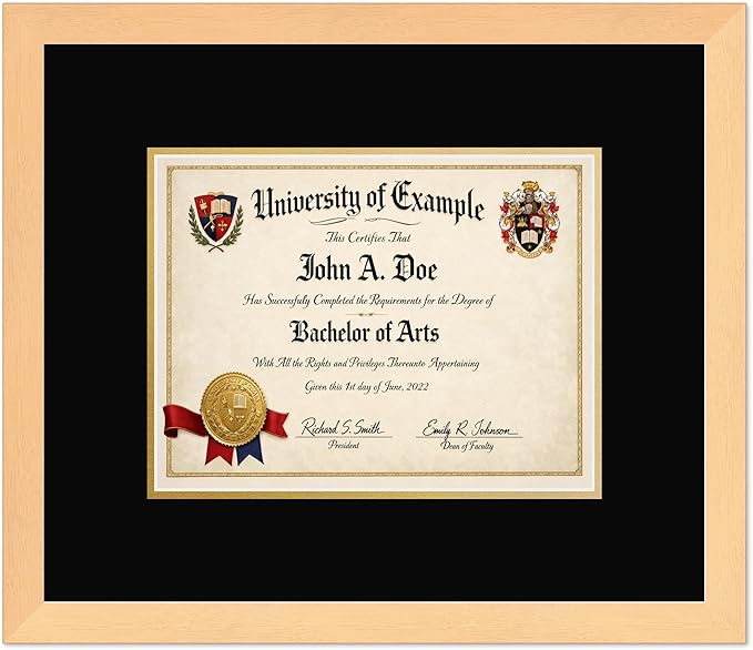CountryArtHouse Diploma Frame Fits 11 x 8.5 US Letter Certificate - Keepsake Graduation Display Natural Wood Genuine Hardwood with Black Over Metallic Gold Double mat