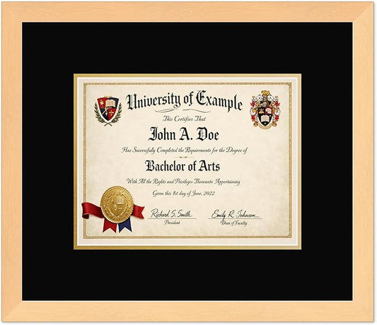 CountryArtHouse Diploma Frame Fits 11 x 8.5 US Letter Certificate - Keepsake Graduation Display Natural Wood Genuine Hardwood with Black Over Metallic Gold Double mat
