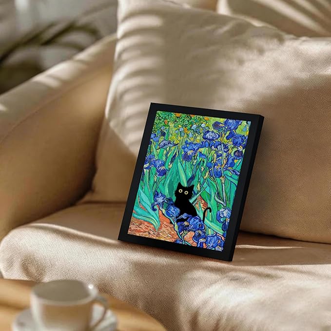 Fantasy Artists Van Gogh Irises Cat Wall Art, Framed Vintage Garden Canvas Wall Decor, Funny Black Cat Poster Prints, Paintings,Bathroom,bedroom,Living Room Artwork Decorations 8" Wide X 10" Height