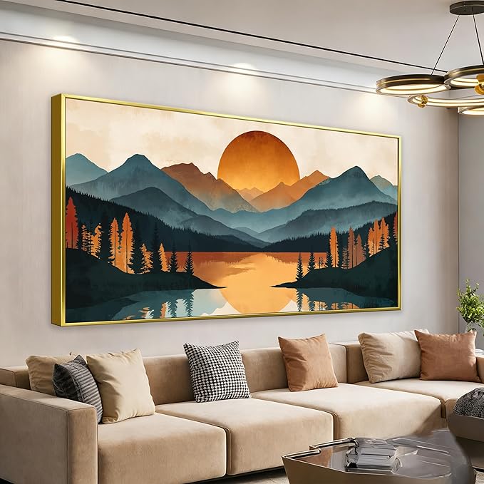 Colorful Mountain Boho Wall Art For Living Room Large Gold Framed Wall Art Canvas Art Wall Decor For Office Modern Bedroom Forest River Landscape Pictures Paintings Artwork 29 X 58 In