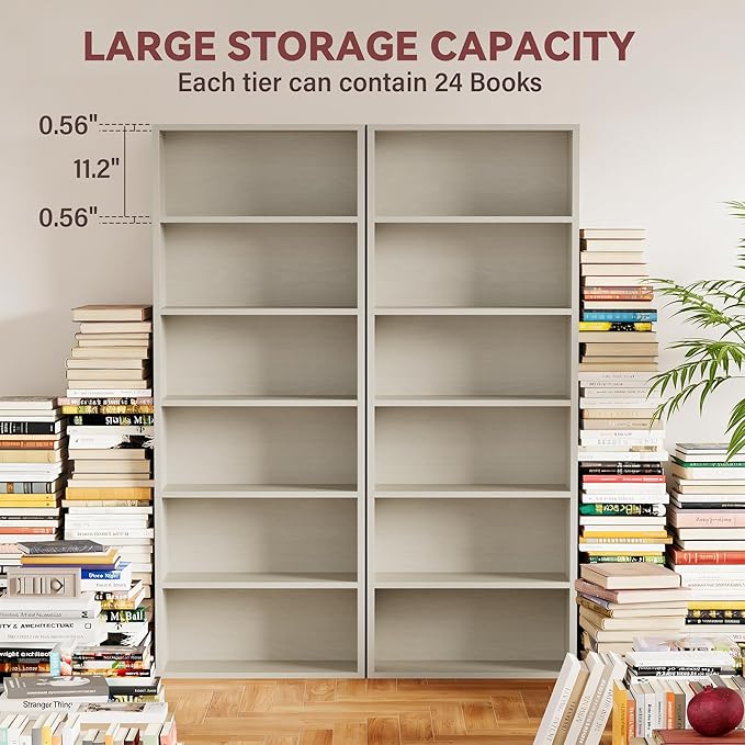 YESHOMY Industrial 6 Tier Bookcase, 71" Tall Beige Bookshelves Open Frame, Basic Floor Standing Bookcases & Bookshelf for Home Office, Living Room, Bed Room